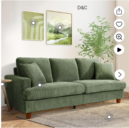 87″ Corduroy Sofa,3 Seater Sofa with Extra Deep Seats,Neche Comfy Upholstered Couch for Living Room,2 Pillows,Green