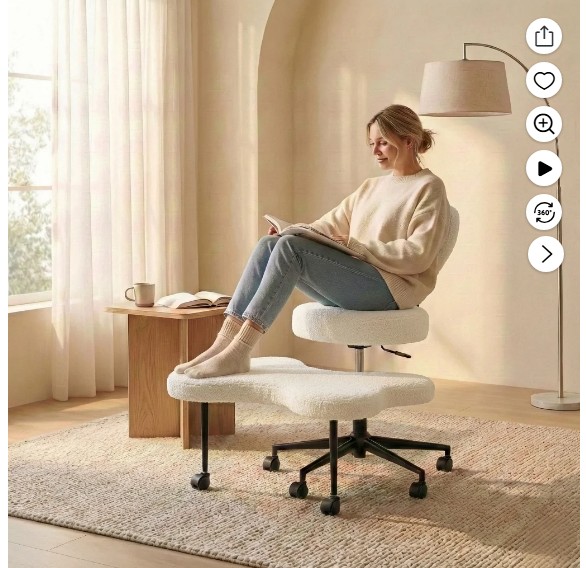 Pinmoco Cross Legged Office Chair, White Boucle Ergonomic Criss Cross Swivel Desk Chair, Heavy Duty Wide Seat for Meditation & ADHD, Armless
