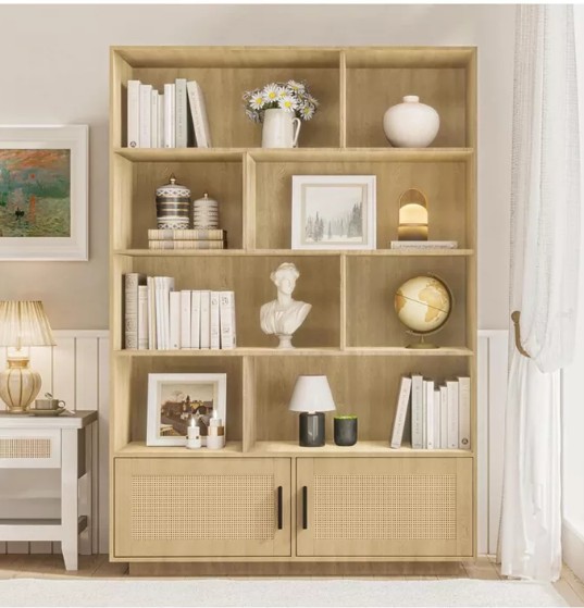 65.4″ in Tall Boho Bookshelf with 5 Tier Bookshelf and Rattan Doors, Wooden Bookcase with Storage, Large Bookshelf for Living