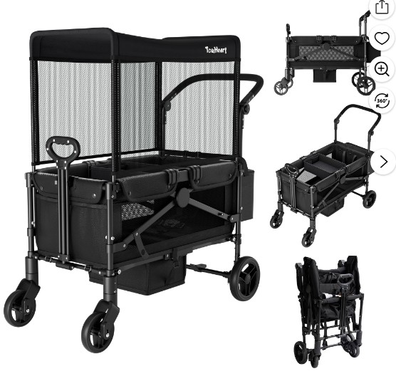 TouHeart Foldable Wagon Stroller for 2 Kids, Toddler stroller with Canopy&Adjustable push handle , 220 Lbs Capacity, Black
