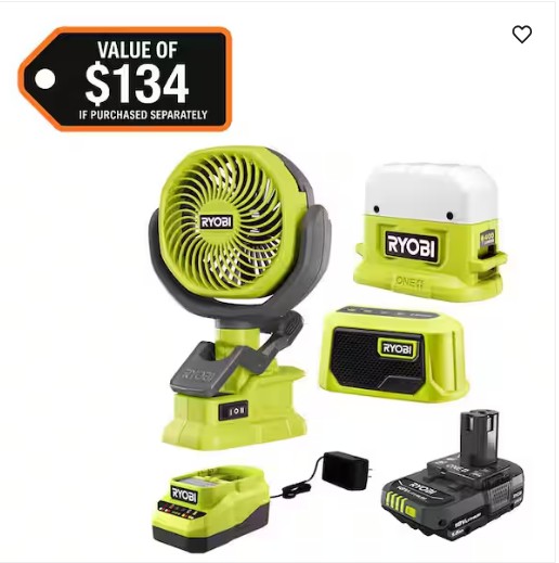 ONE+ 18V Cordless 3-Tool Campers Kit with Area Light, Bluetooth Speaker, 4 in. Clamp Fan, 1.5 Ah Battery, and Charger
