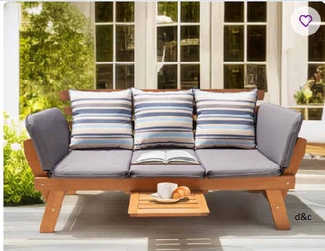 Katinka Eucalyptus Outdoor Daybed Sofa with Folding Armrest & Coffee Tray with 3 Pillows
