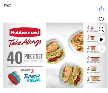 Rubbermaid TakeAlongs 40 Piece Food Storage Set, Red, Total of 12.6 Qts