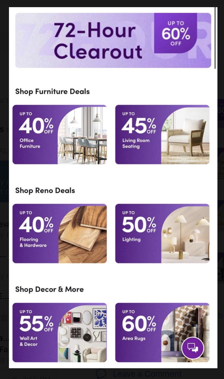 Wayfair 72 Hour Clearout sale 