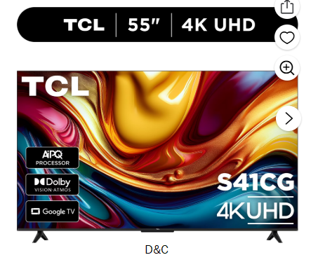TCL 55″ Class S41CG Series 4K UHD LED Smart Google TV (Limited Edition) – Dolby Vision HDR & Dolby Atmos, Google Assistant & Amazon Alexa Compatible with Voice Remote – 55S41CG