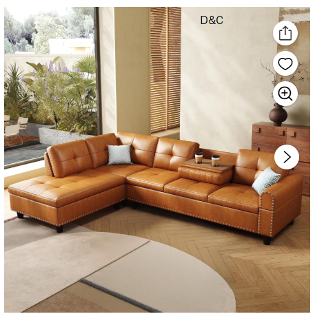 AENKYO 98″ L-Shaped Upholstered Sectional Sofa Couch with Storage & Cup Holders, Faux Leather Living Room Sofa Set, Ginger