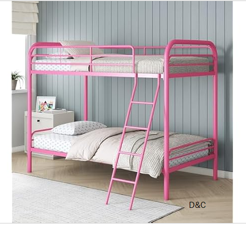 DHP Dusty Twin over Twin Metal Bunk Bed with Secured Ladder, Pink