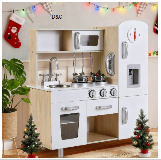 Role Play Wooden Kitchen Set for Kids, Modern Pretend Play Kitchen with Realistic Sounds & Storage
