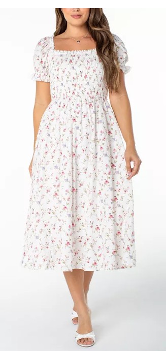 Juniors’ Textured Floral Printed Puff-Sleeve Midi Dress