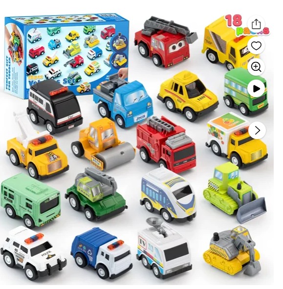 Joyfy 18 Pcs Friction Pull Back Play Car and Trucks Toy Vehicles Set for Toddler 1 3, Party Favors and Mini Excavator Toy Trucks, Christmas Birthday Gifts for Kid 2 4