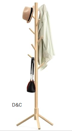 Wooden Coat Rack Stand, Freestanding Coat Rack with 8 Hooks, 3 Adjustable Size Coat Tree for Hats, Coats, Scarves bags