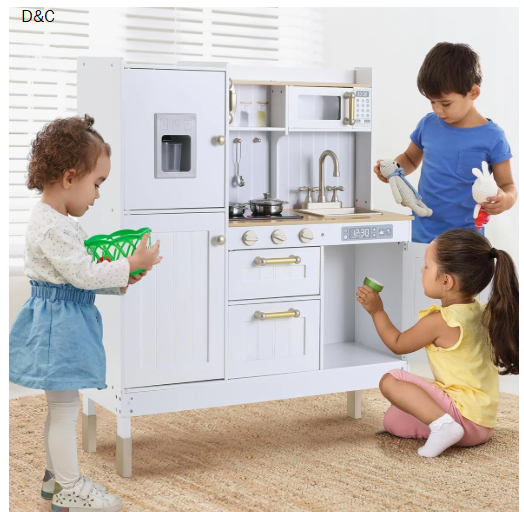 Height Adjustable Kids Play Kitchen, 3-Level Wooden Pretend Playset