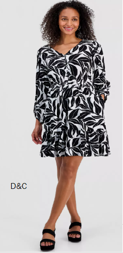 Women’s Printed Long Sleeve V-Neck Dress, Macy’s Exclusive