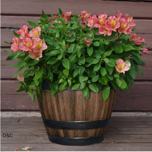 Reedley Medium Walnut Brown Resin Wine Barrel Lightweight Round Planter (11.33 in. L x 11.33 in. W x 8.51 in. H)