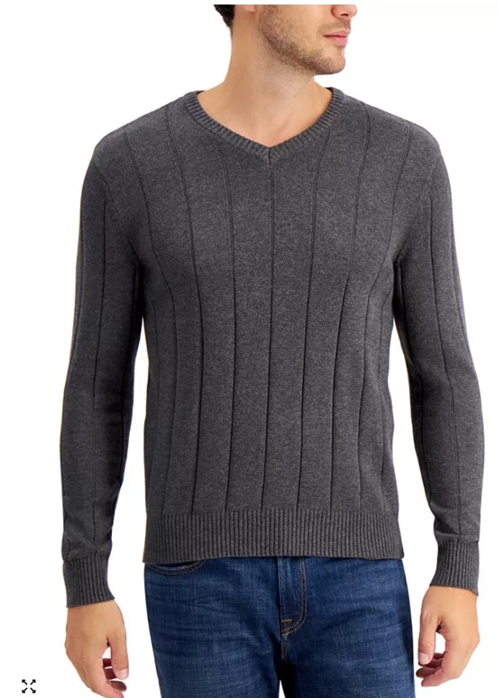 Men’s Drop-Needle V-Neck Cotton Sweater
