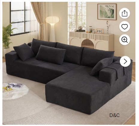 AENKYO 108″ Chenille L-Shaped Sectional Sofa Set with 6 Pillows, Free-Combination Modular Couch for Living Room, Black, Right-Facing Chaise