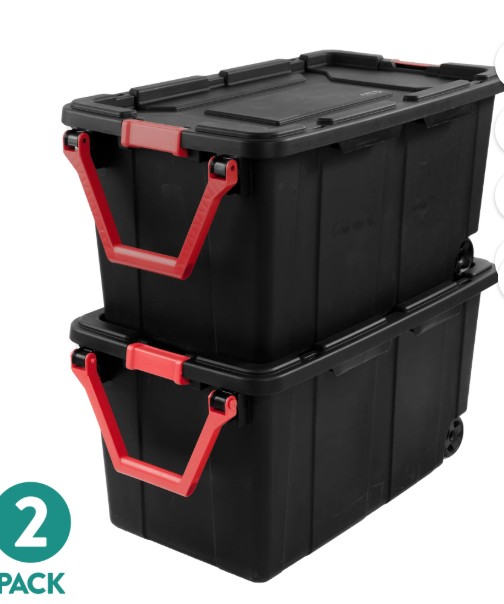 Sterilite Extra Large Storage Bin, 40 Gallon Wheeled Plastic Storage Container with Handle, Black, Pack of 2, Industrial