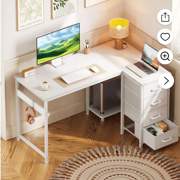 48 inch Computer Desk with 4 Fabric Drawers — Home Office Desks with Storage, Writing Desk with Side Hook, Desk Study/Work Table for Bedroom and Small Space, White