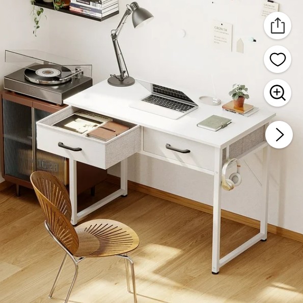 Casacomoda 32 Inch Writing Desk with 2 Fabric Drawers, Modern Study Table with Storage for Student/Kids, Small Computer Desk for Small Space, Home Office Desk, Pure White