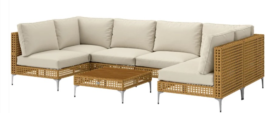 Outsunny 7 Piece Wicker Patio Furniture Set, Modular Outdoor Sectional with Thickened Cushions, Acacia Wood Table, Khaki/Beige