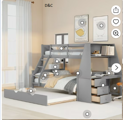 EUROCO Wood Twin over Full Bunk Bed with Twin Trundle, Built-in Desk with Shelf and 3 Drawers for Kids Teens Adults, 3-in-1 Beds, Gray