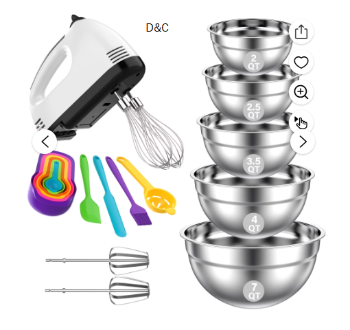 TINANA 7-Speed Electric Hand Mixer, 5 PCS Mixing Bowls Set, Metal Nesting Storage Bowls for Kitchen, Size 7, 4, 3.5, 2.5, 2 QT, Great for Prep, Baking, Serving