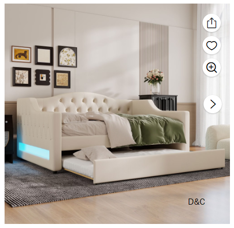 Euroco Upholstery Full XL Daybed with Trundle and LED Light, Beige