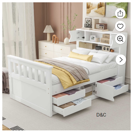 Euroco Wood Twin Size Platform Bed with Storage Headboard, Captain Bed with 4 Drawers, Bookcase and Cabinets for Kids Teens, White