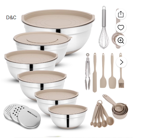 Mixing Bowls with Airtight Lids, 32Pcs Stainless Steel Nesting Non-Slip Bottoms Mixing Serving Bowls Set wtih 3 Grater & Tools Gadgets, 7/4/2.5/2.5/1.5/1QT Metal Salad Bowls for Mixing & Serving