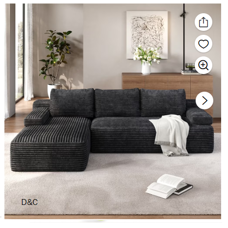 Renwick 110″ Free Assembly L-Shaped Cloud Couch, Corduroy Sectional Sofa with 2 Armrests & 3 Detachable Pillows for Livingroom, Dark Gray