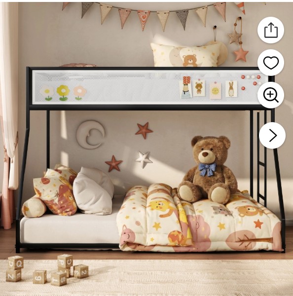 Furniture of America Veric Twin Over Full Kids Low Profile Bunk Bed with White Magnetic Mesh Panel, Black and White