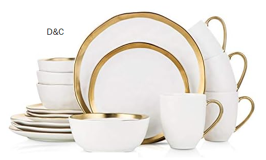 Stone Lain Modern Poreclain 16 Piece Dinnerware Set, Plates and Bowls Set, Dish set for 4, White And Golden Rim