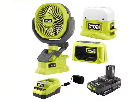 ONE+ 18V Cordless 3-Tool Campers Kit with Area Light, Bluetooth Speaker, 4 in. Clamp Fan, 1.5 Ah Battery, and Charger