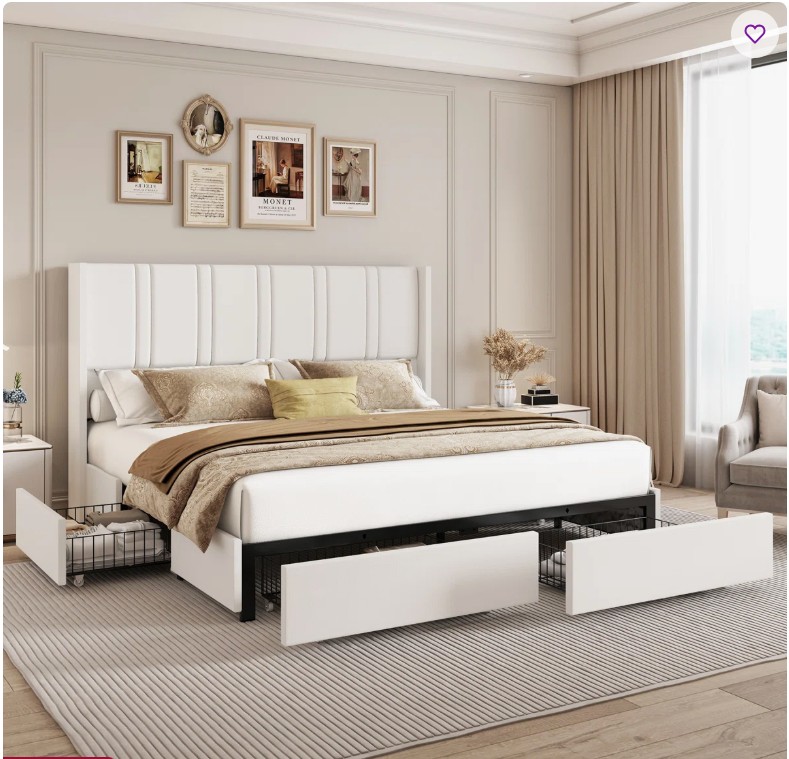 Upholstered Platform Bed Frame With 4 Storage Drawers And Wingback Headboard, No Box Spring Required, Easy Assembly