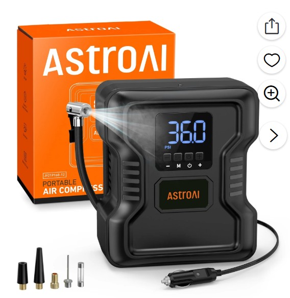 AstroAI Portable Tire Inflator, 150 PSI Air Compressor Tire Pump, Emergency LED Light, Automatic Shutoff Car Air Pump, Compact Tire Pump Fast Inflation for Cars, 12V DC