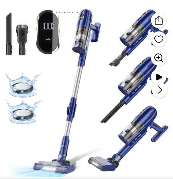 PrettyCare Cordless Vacuum Cleaner, 30Kpa/45min/7-in-1 Stick Vacuum with Foldable Pole, P1