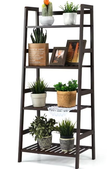 Costway 4-Tier Bamboo Ladder Shelf Plant Display Stand Rack Bookshelf Dark Brown