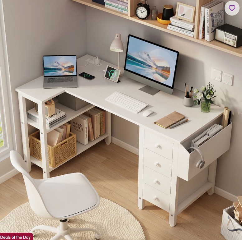 Cheshire Built-in Outlets L-Shaped Computer Desk with Drawers & Storage Shelves