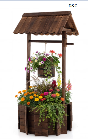 Costway Outdoor Wooden Wishing Well Bucket Flower Plants Planter Patio Garden Home Decor