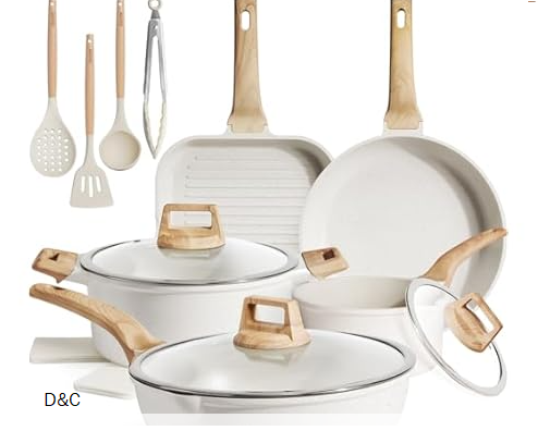 Kikcoin 16Pcs Pots and Pans Set Nonstick Ceramic Cookware Sets Induction Kitchen Cooking Set Non toxic Healthy Non Stick w/Grill Pan,Saute Pan, Ceramic White