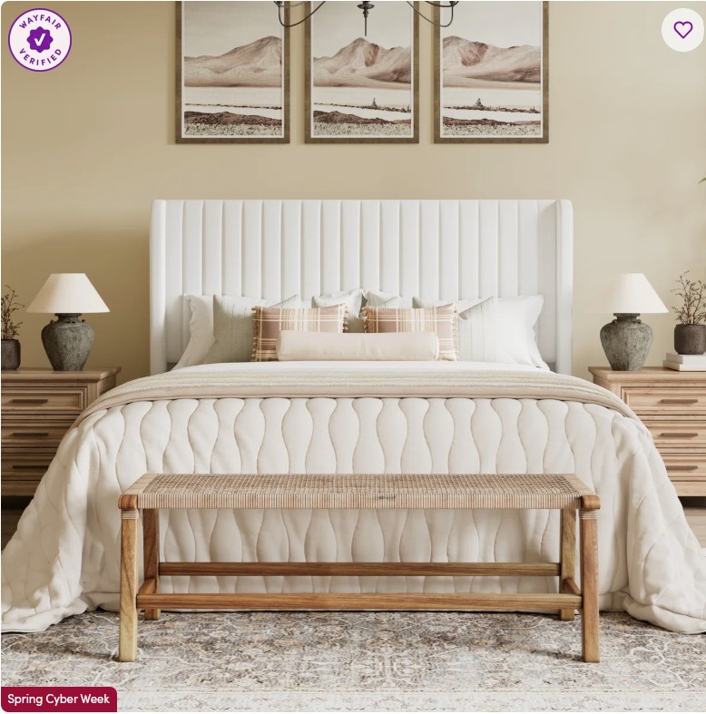 Candler Velvet Upholstered Platform Bed with Wingback Headboard and Wooden Slats