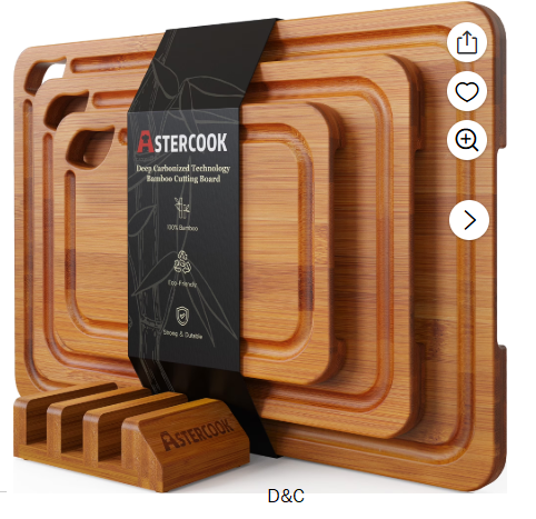 Astercook 4-Pieces Wood Cutting Board, Bamboo Chopping Board for Kitchen with Holder