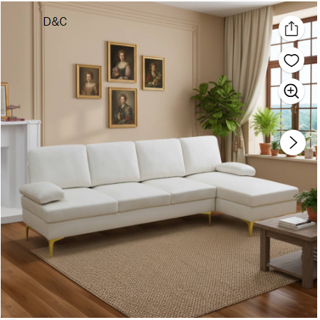 Modern 100″ L-Shaped Sectional Sofa, Off-White Velvet 4-Seat Couch with Right Chaise Lounge, Mid-Century Modular Sofa with Gold Legs for Living Room