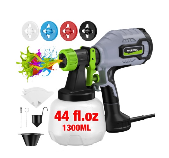 WORKPRO Paint Sprayer, 600W HVLP Spray Gun with 4 Nozzles, 3 Spray Patterns, Adjustable Flow, 44 Fl. Oz (1300 ml) Container, for Furniture, Cabinets, Walls, Doors