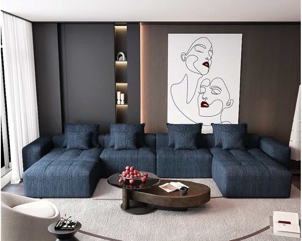 Coolbibila 8 PCS Oversized Modular Sofa 4 Seat DIY Layout Design Sofa with Chaise Lounges and Armrests and Ottomans Blue Tufted Sofa with Pillows