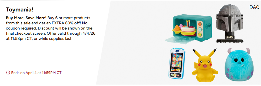Toy mania is back!! Toys on sale + Buy 6+ & get EXTRA 60% off!!