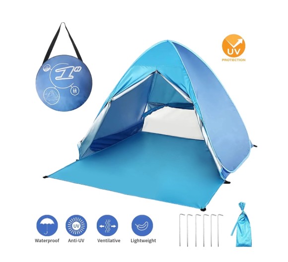 BEEPRINCESS Beach Tent, Anti-UV Pop Up Sun Shelter Beach Tent With Carry Bag for 2-3 Person, Lightweight & Easy Setup Beach Tent, Blue