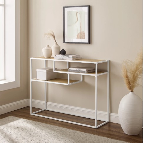 Walker Edison Contemporary Wood and Metal Tiered Entryway Table, Coastal Oak/White