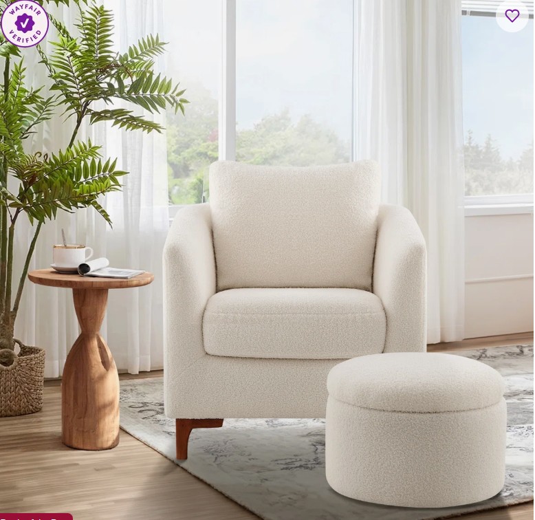 29.5″ Wide Upholstered Barrel Accent Armchair With Storage Ottoman and Pillow