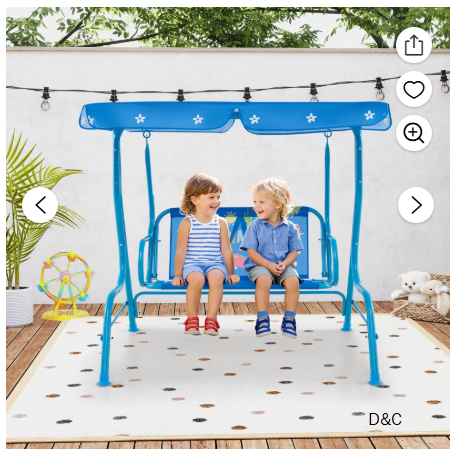Costway 2-Seater Toddler Porch Swing Chair with Metal Stand Adjustable Canopy Safety Belts Blue